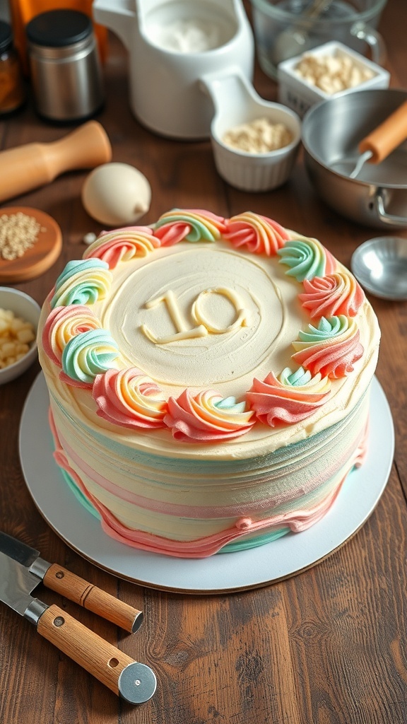 A decorated cake with buttercream frosting and piping designs on a wooden table.